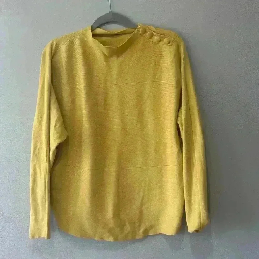 Vila Milano mustard yellow mock neck sweater winter button shoulder size XL
